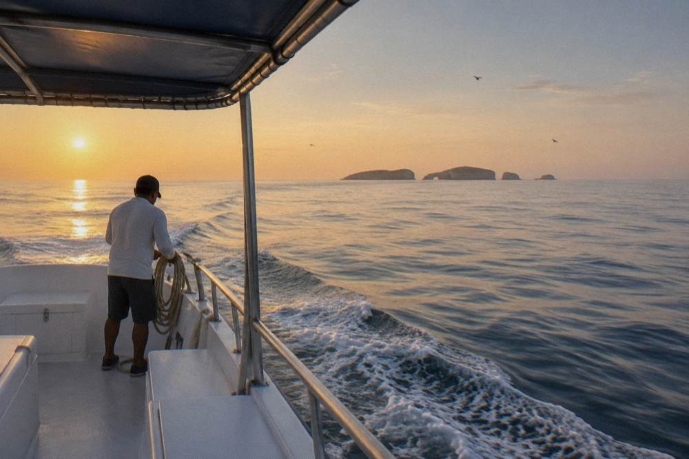 Man coiling a rope on a boat deck with rocky islands on the horizon