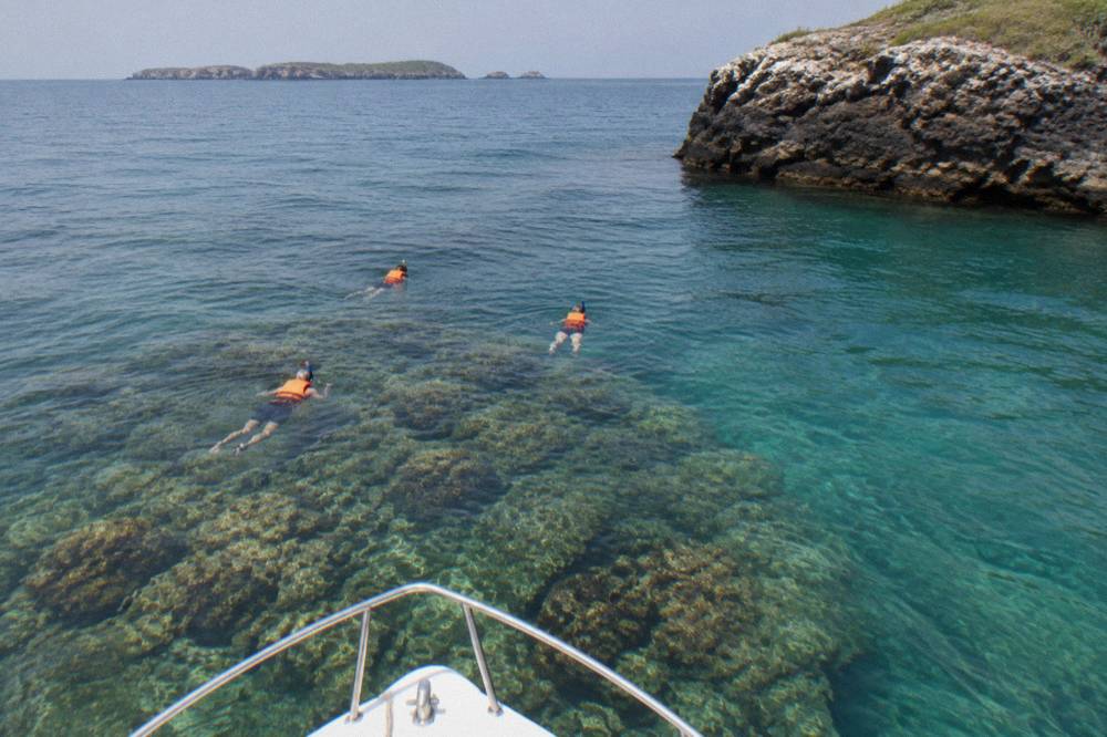 Snorkelers floating over a rocky reef in clear green water near the islands