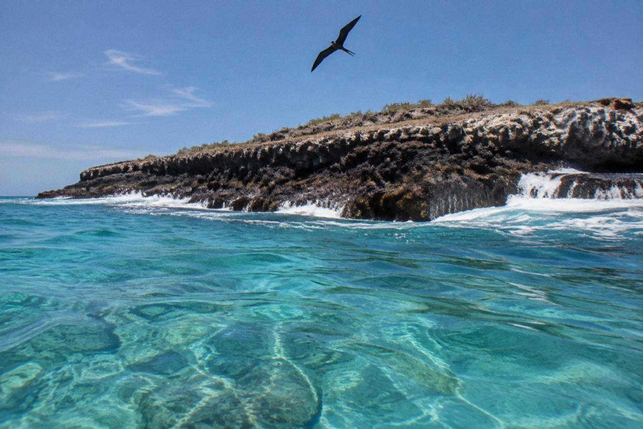 Turquoise shallows breaking against volcanic rock at the Marietas Islands