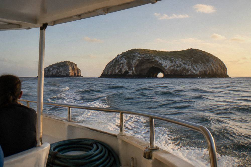 Small covered boat cruising across open bay water toward islands