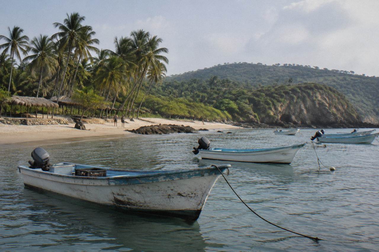 Small motorboats floating in a calm bay beside a palm-lined sandy beach with green hills