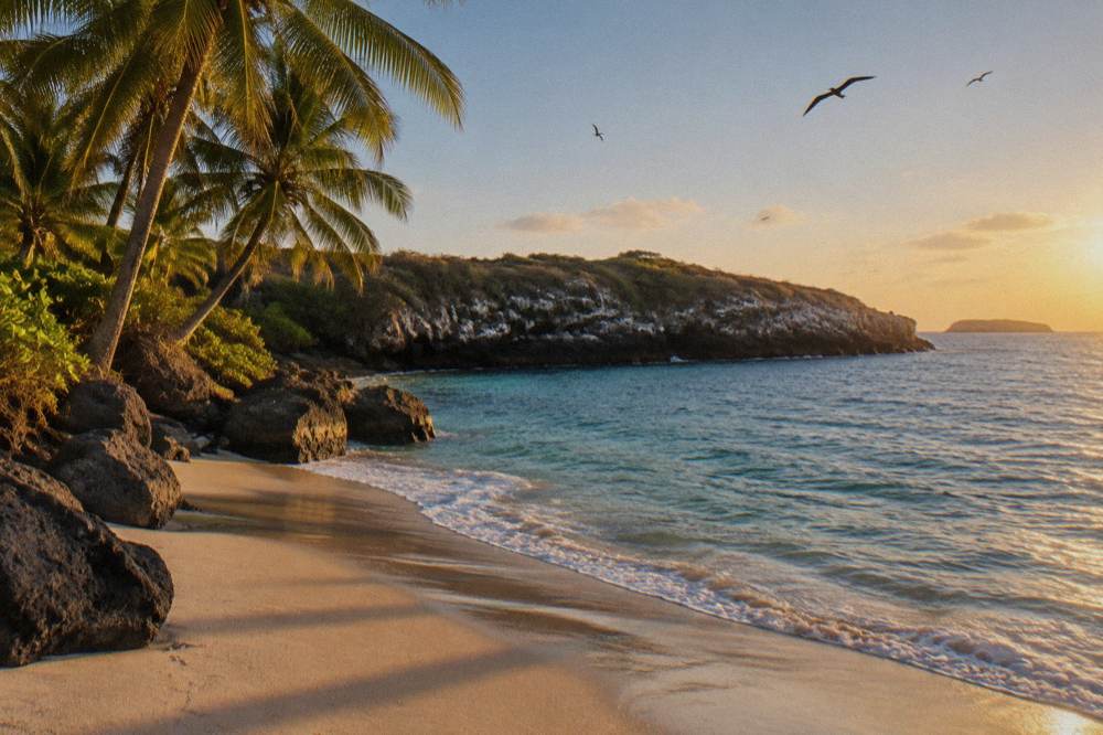 A quiet sandy cove fringed by palms and smooth boulders at the waterline