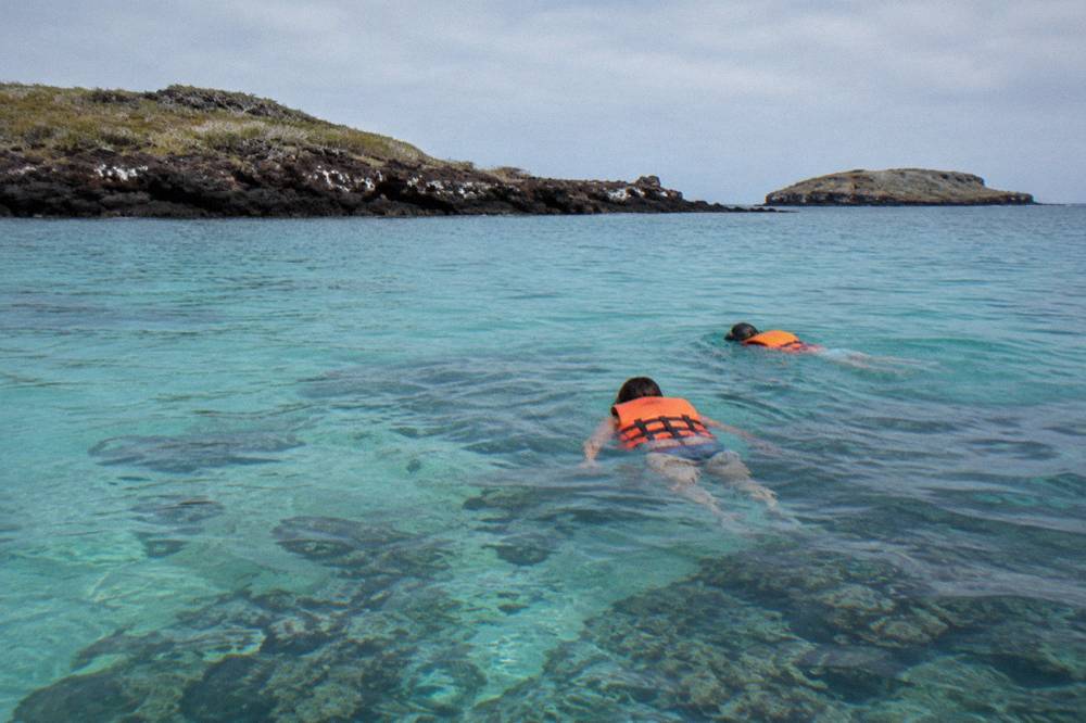 Two snorkelers in orange life jackets in clear turquoise water near a rocky coastline
