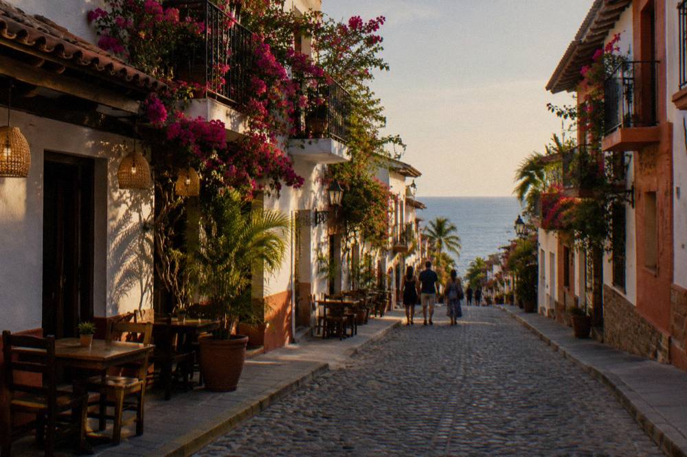 Cobblestone street with white buildings, flowering balconies, and café tables sloping toward the ocean