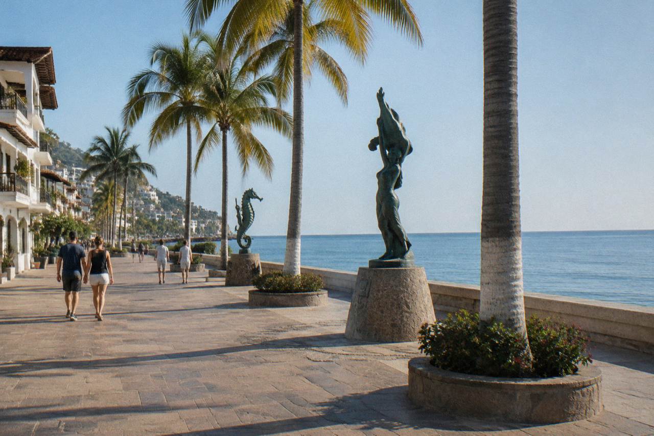 People walking along a palm-lined seaside promenade past bronze sculptures beside the ocean