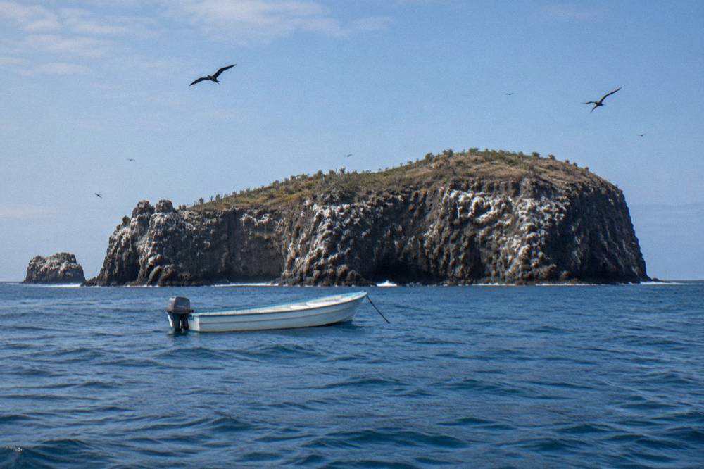 A small boat anchored near tall rocky cliffs with seabirds circling above dark stone