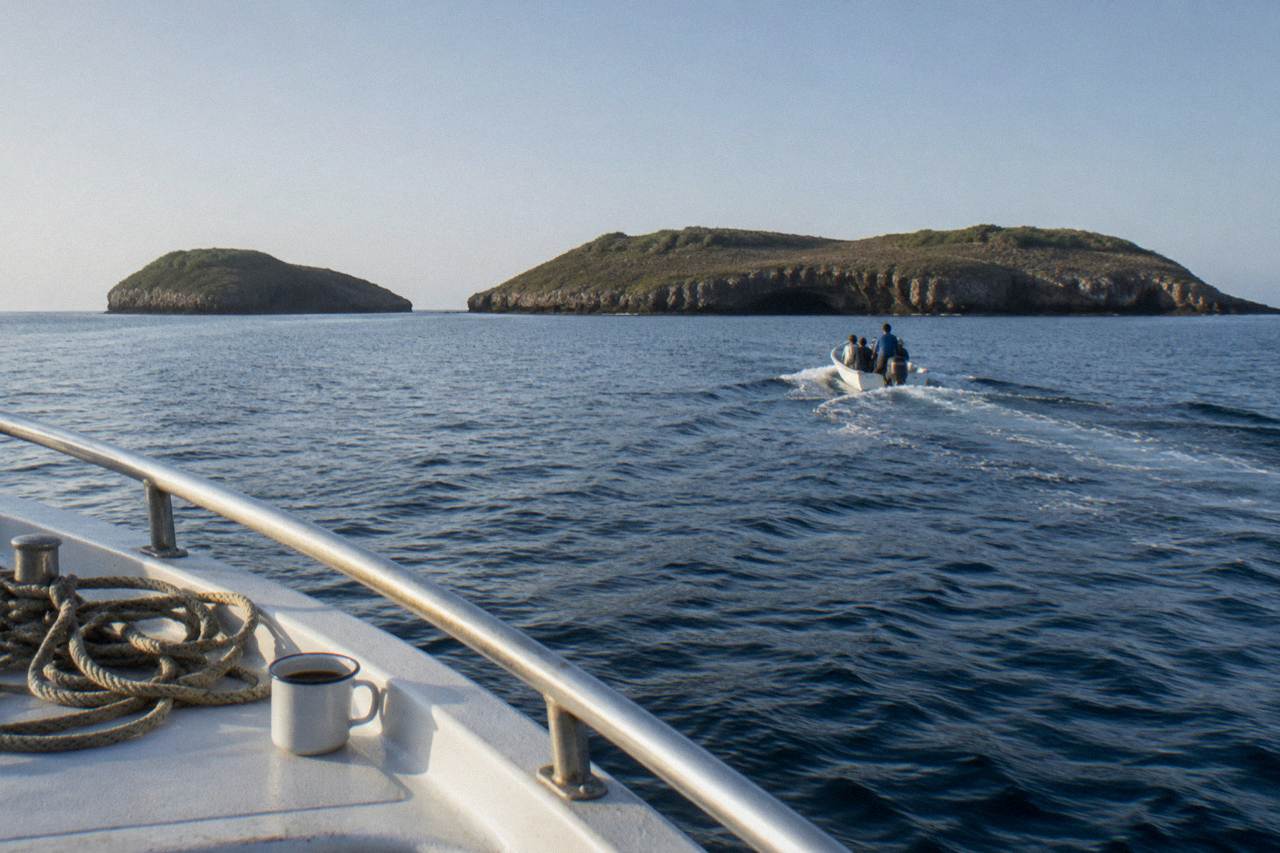 View from a boat bow with a coiled rope and coffee mug toward distant rocky islands