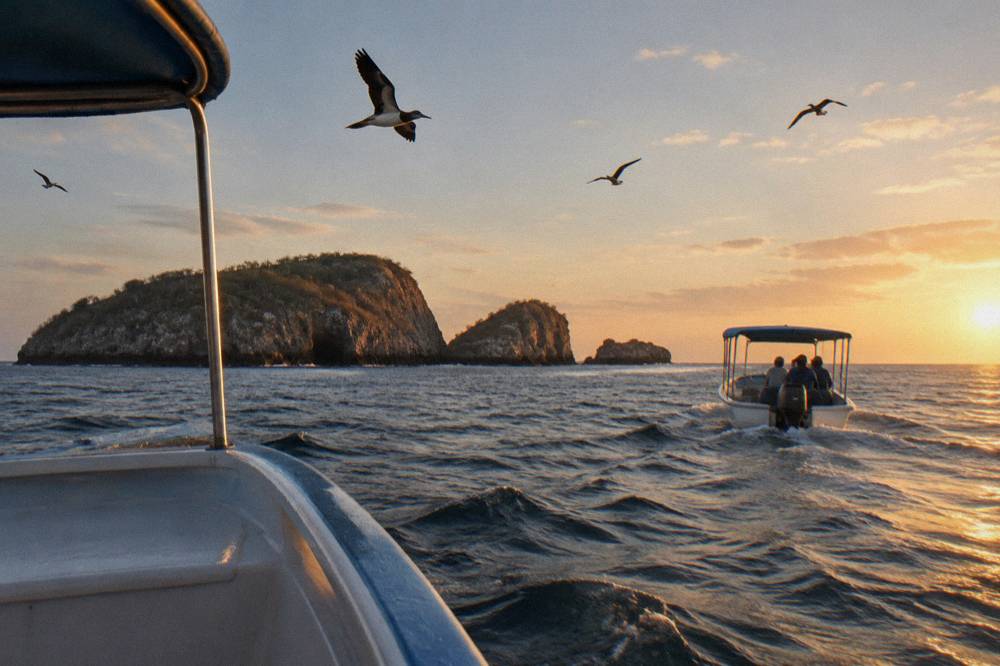 Tour boat carrying passengers toward rocky tree-covered islands with seabirds