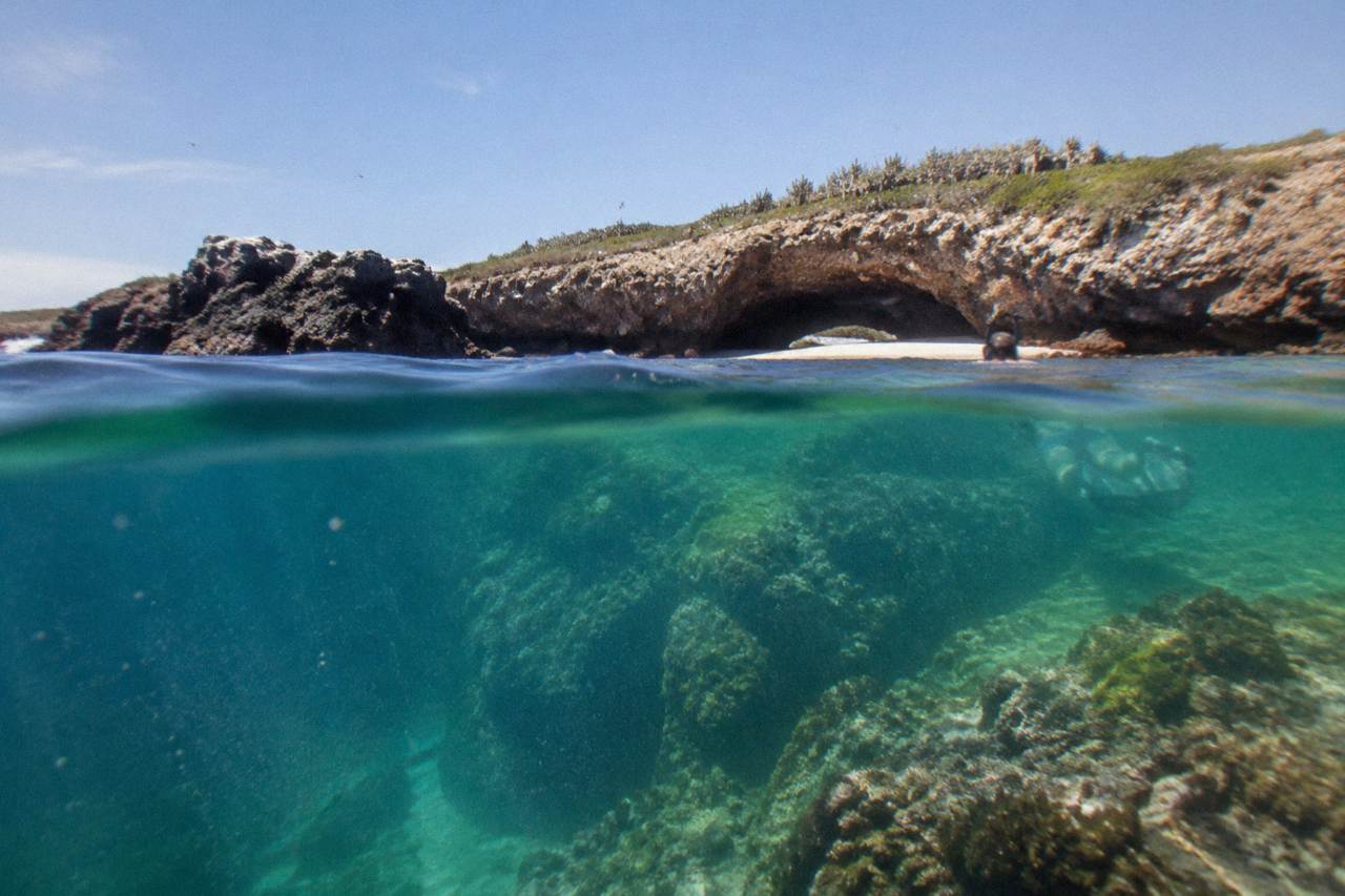 Over-under view of a rocky reef beside a cactus-covered island with a rock arch
