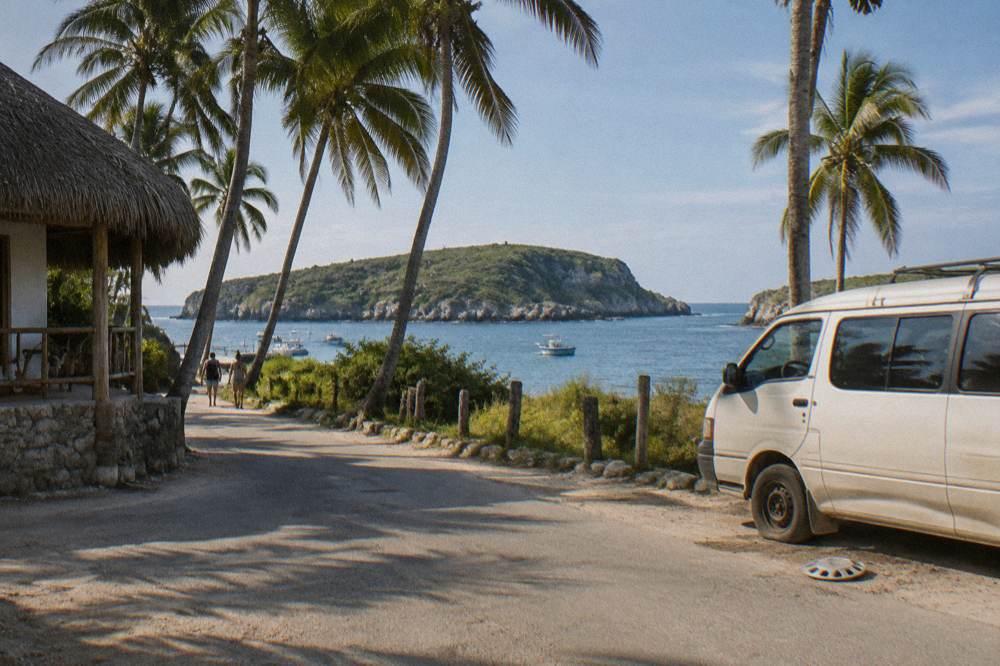 Coastal road along Banderas Bay with palm trees and calm water toward distant hills