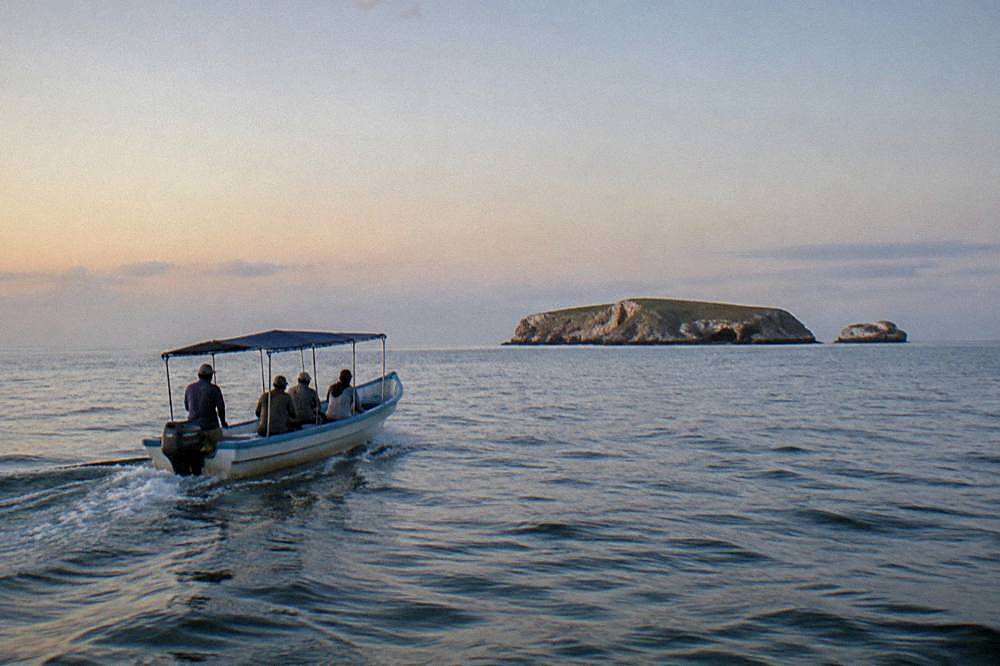 Covered motorboat with four people cruising across calm water toward a flat-topped island