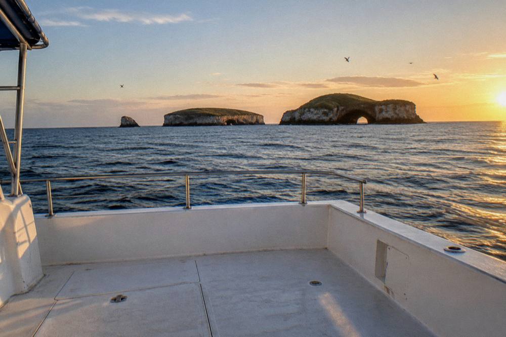 Ocean rock islands with an arch, birds flying overhead