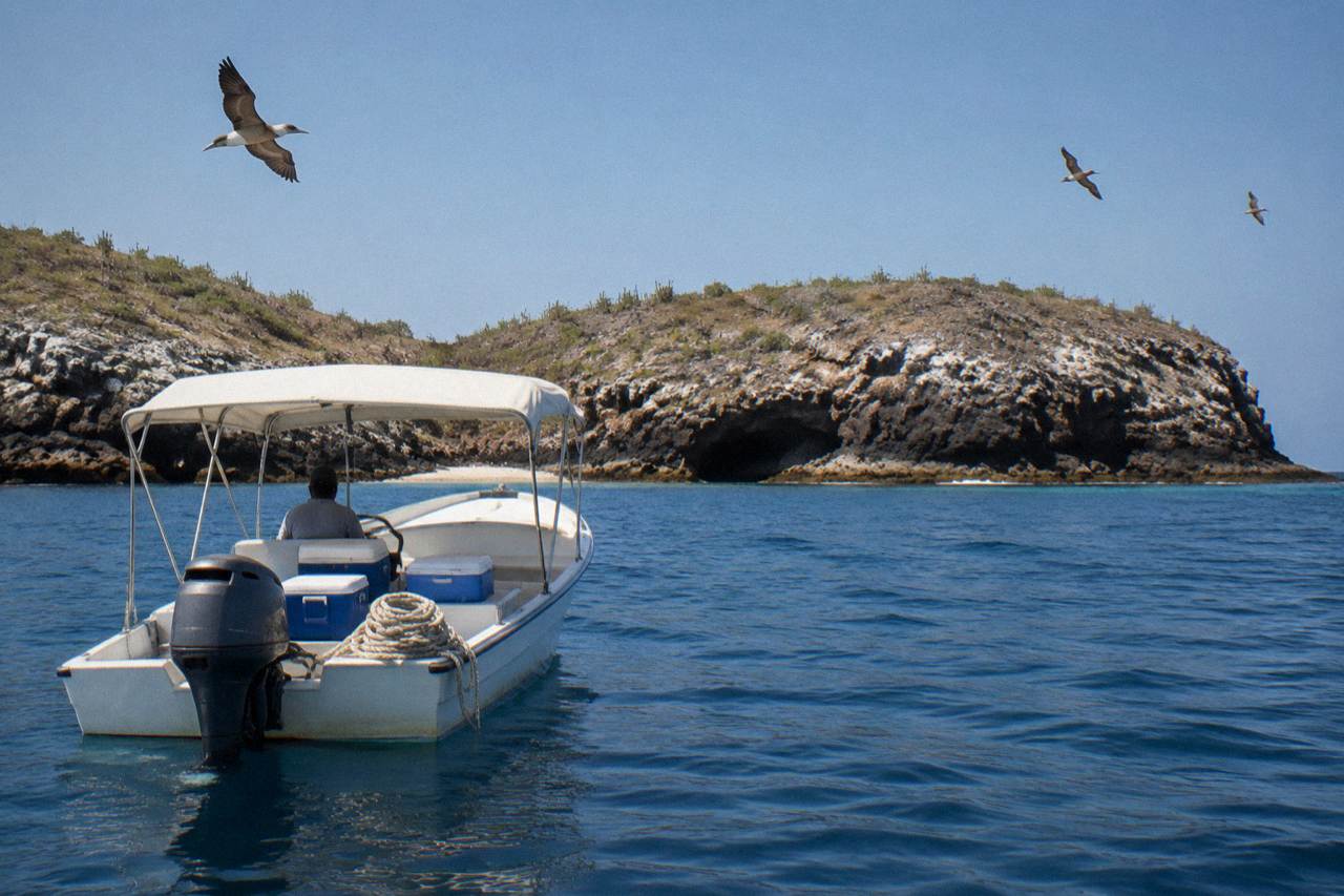 A small covered motorboat anchored near rocky islands in calm blue water