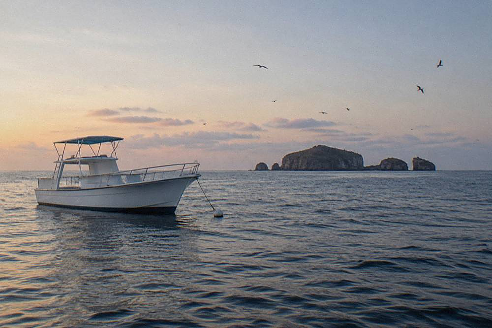White boat moored to a buoy with rocky islands and birds beyond