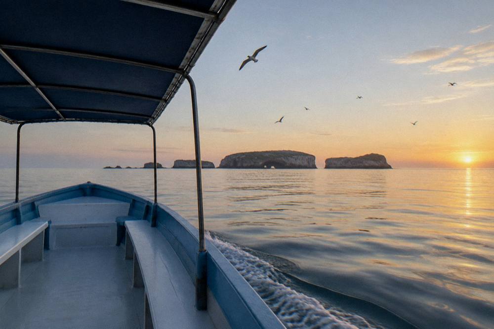 Bow of a covered boat heading toward rocky islands with seabirds