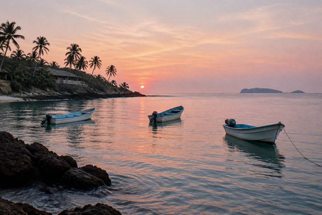 Three small motorboats anchored on calm water near a palm-lined shore